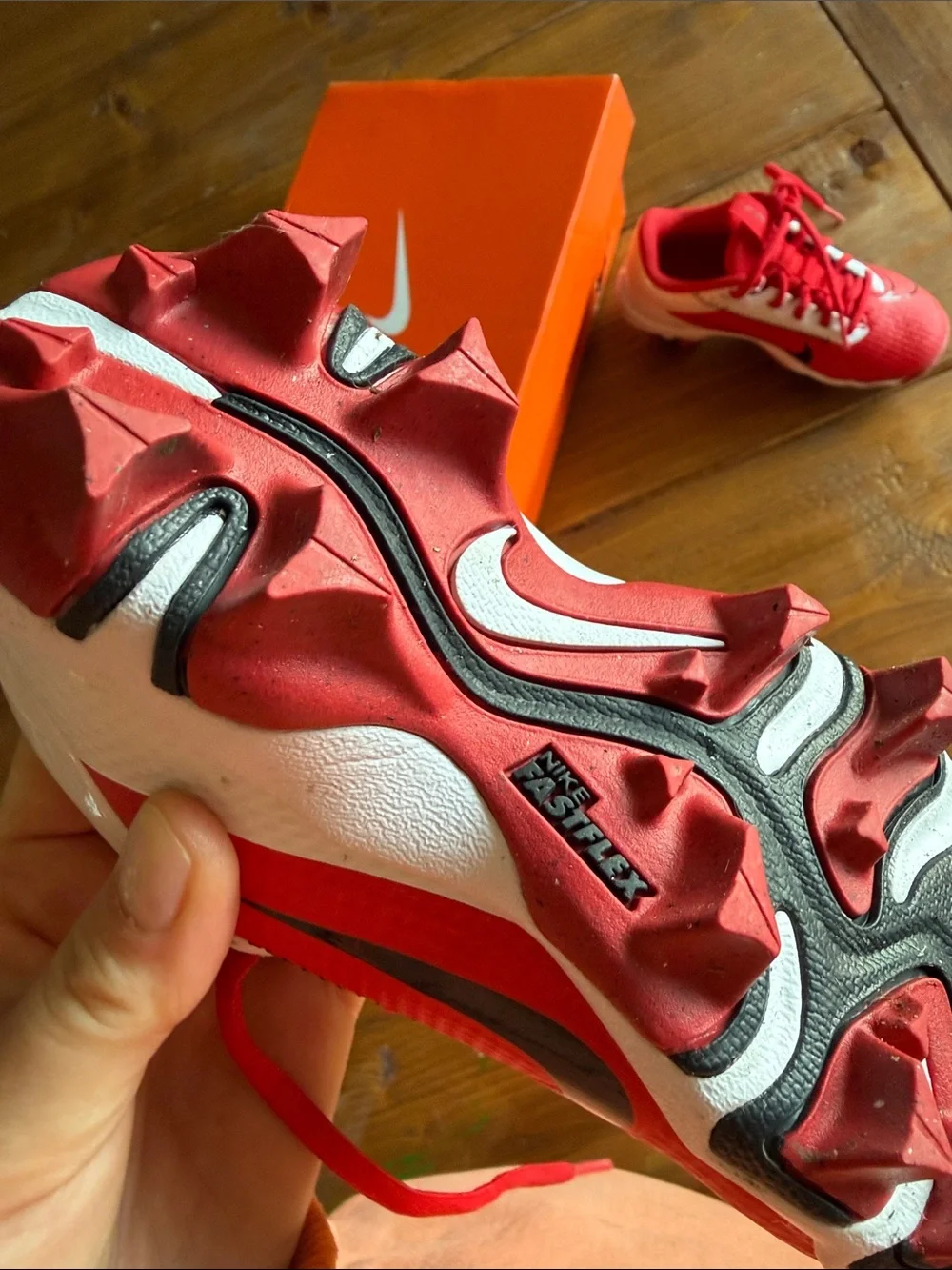 Nike Vapor Edge Shark 2 BG Kids Red and White Cleats with Black Swoosh